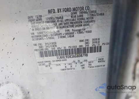 2010 Lincoln Mks z USA, uszkodzony, nr VIN 1LNHL9DR3AG608798